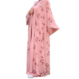 Precio al por mayor nuevo abrigo largo con estampado de flores moda elegante traje de dos piezas para mujer para musulmán modesto burqa abaya robe cabaya