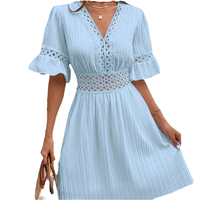 Robe décontractée pour femme, col en V, taille en dentelle, style bohème, manches courtes, couleur unie, design ajouré, pour la plage, fête, meilleure robe unie teinte en automne