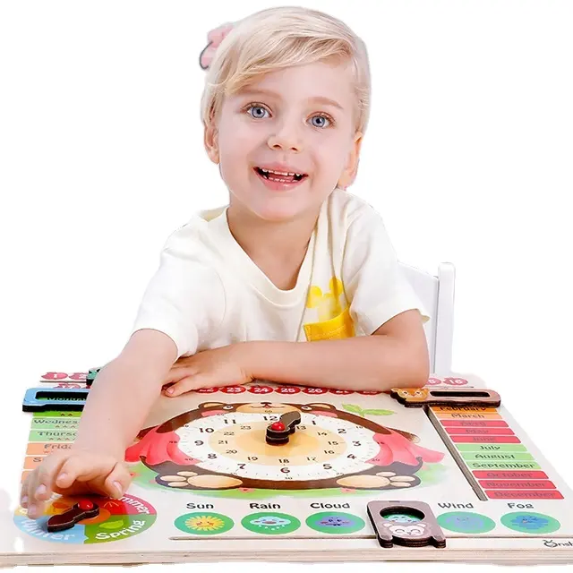 Children Time Weather Calendar Cognitive Board Wooden Shape Clock Toy