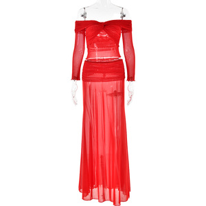 Women's Off Shoulder Long Sleeve Two Piece Dress <b>Set</b> Solid Color <b>Knitted</b> Breathable Casual Suit FDL0736 - Product Image 5