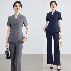Women's Short Sleeve Suit Set Formal Wear Professional Workwear Anti-Wrinkle Polyester Spandex Blend Gray Navy Blue - Product Image 1