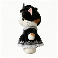 Boneka Kucing Lolita Calico, Mainan Kucing Boneka yang Menggemaskan dengan Hiasan Bulu, Topi, Gaun Renda Hitam Elegan, Boneka Kucing Lucu