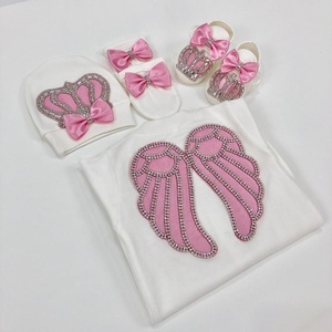 Conjunto de mameluco de bebé manga larga 100% algodón burbuja venta al por mayor ropa personalizada moderna 4 piezas Rosa Ángel bebé niña primavera zapatos de bebé - Product Image 2