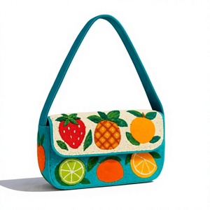Sac fourre-tout brodé bleu en lin imperméable avec applique fruit, forme selle, fermeture à rabat, pour femme, usage quotidien décontracté, 1L - Product Image 1