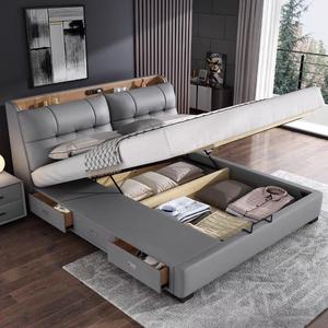 Italian Luxury Leather Double Bed Latest High-End Modern King Size Bedroom Furniture Set with Big <b>Tall</b> <b>Headboard</b> for Sleep - Product Image 3