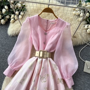 Robe trapèze pour femme, nouvelle collection automne 2026, style rétro français, col <span class=keywords><strong>carré</strong></span>, manches longues, taille haute, vente en gros pour boutiques - Product Image 4
