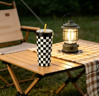 Moioco Gobelet Isotherme 30oz Noir et Blanc à Carreaux avec Couvercle et Paille, Petites/Moyennes/Grandes Tasses à Café Glacé pour Voiture, Bureau, Extérieur