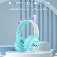 Headphone Nirkabel Anak Motif Telinga Kucing Lucu dengan Lampu LED RGB, Headset Nirkabel Over-Ear dengan Mikrofon, Headphone Stereo Lipat untuk Anak Perempuan