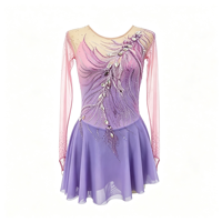 Robe de patinage artistique rose et violette en maille à manches longues avec strass et découpe au dos pour enfants et adultes, idéale pour les compétitions et les spectacles