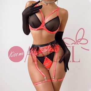 KISS ME ANGEL Ensemble soutien-gorge et culotte sexy pour femmes, best-seller, décolleté plongeant, broderie, contraste de couleurs, avec armatures, jarretière - Product Image 5