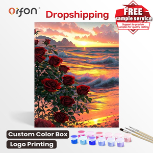 Kit <span class=keywords><strong>de</strong></span> Peinture à l'Huile DIY Orfon en Promotion pour Adultes – <span class=keywords><strong>Paysage</strong></span> <span class=keywords><strong>de</strong></span> Plage au <span class=keywords><strong>Coucher</strong></span> du <span class=keywords><strong>Soleil</strong></span> avec Roses sur Toile (Peinture par Numéros) - Product Image 1
