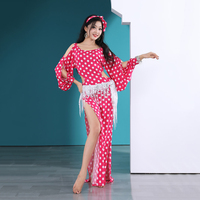 Robe de danse orientale Baladi pour femmes, imprimé à pois, ensemble de 4 pièces pour la pratique de la danse orientale, avec découpes aux épaules et à la taille