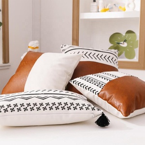 Moroccan White and Black Print 18 X 18 Cushion <b>Cover</b> Home <b>Sofa</b> Decorative Joint Faux Leather Throw Pillow Cushion <b>Cover</b> Set - Product Image 2