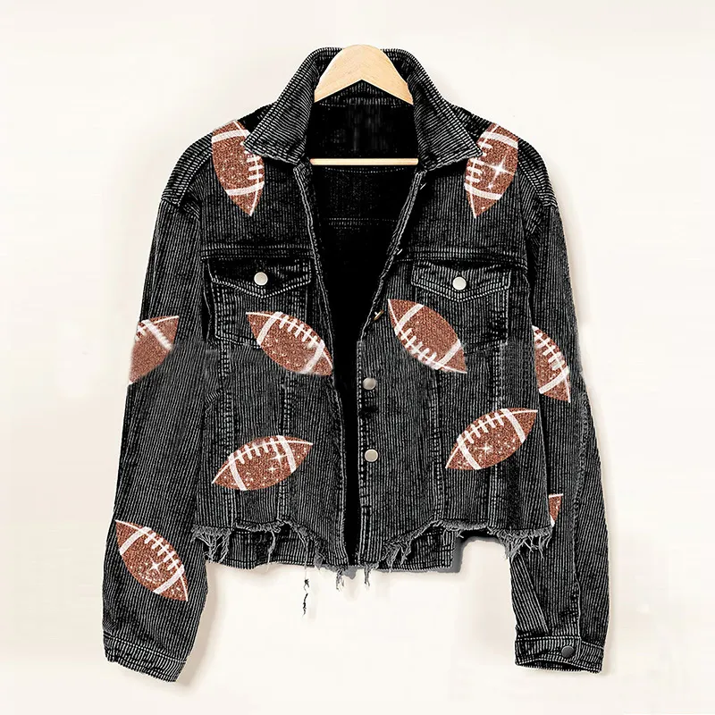 New Arrival Fall Winter Clothes Ladies Casual Long Sleeve flannel Coat Botton Up Pocketed Women Sequin football Jacket