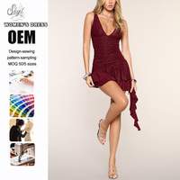 Robe mini moulante sans manches à paillettes pour femme, personnalisée en usine, avec fronces et volants, idéale pour les fêtes estivales