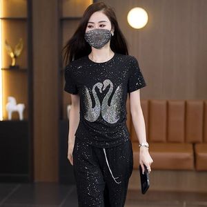 <span class=keywords><strong>Ensemble</strong></span> décontracté 2 pièces pour <span class=keywords><strong>femme</strong></span>, T-shirt imprimé cygne avec strass + <span class=keywords><strong>pantalon</strong></span> à cordon <span class=keywords><strong>de</strong></span> serrage, <span class=keywords><strong>ensemble</strong></span> <span class=keywords><strong>de</strong></span> vêtements <span class=keywords><strong>de</strong></span> détente scintillants - Product Image 4