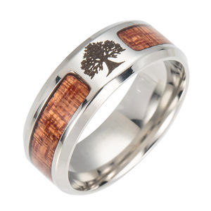 Bague pour homme en acier inoxydable argenté avec placage <span class=keywords><strong>bois</strong></span> grainé de 8 mm de largeur, motif arbre de vie, unisexe - Product Image 6