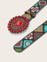 Boho Gürtel Große rote Rubin Metalls chnalle mit Perlen muster Blumen druck Ledergürtel getrimmt
