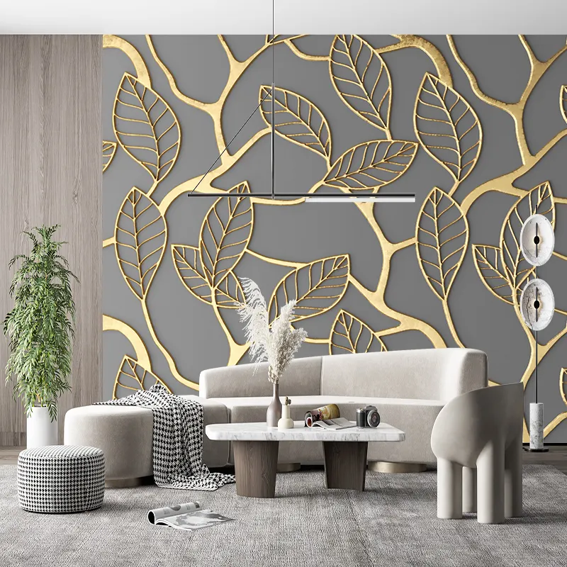 Popular Modern Geometric Wall Mural Creative Leaf Golden Embossed Line Wallpaper For Living Room Wall
