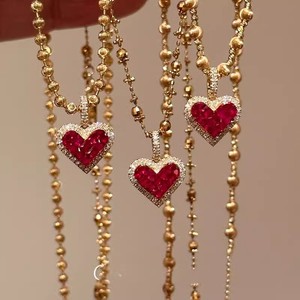 CAIOOCHE Hot Read Crystal Zircon collar corazón amor colgante Bling Collar Cuentas cadena latón 18K oro joyería collar - Product Image 6