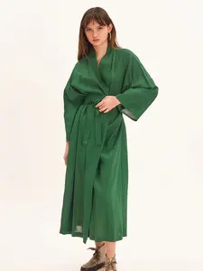 Batas ligeras de algodón verde Hiloc para cobertura, vestido de noche a media pantorrilla, bata de mujer con fajas, albornoz de manga larga, <span class=keywords><strong>albornoces</strong></span> femeninos - Product Image 3