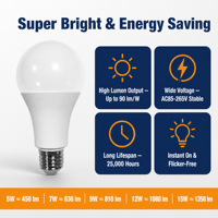 Ampoule LED WOOJONG A19 A19 120V 15W 60WE 865 E26 NDM 220 Angle de faisceau certifié Energy Star pour le marché nord-américain