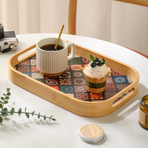 Ensemble de plateaux de service en bambou avec motif de carreaux floraux pour la maison, les collations, les fruits, le café, le thé et le rangement - Product Image 3