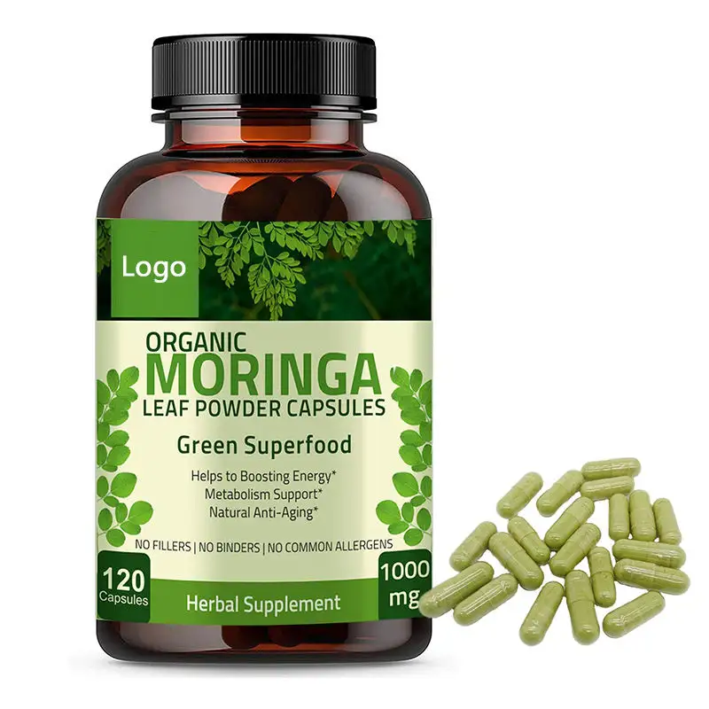 علامة خاصة خضراء سوبرفوود فقدان الوزن العضوي المورينغا أوليفيرا ورقة مسحوق المورينغا كبسولات نباتية