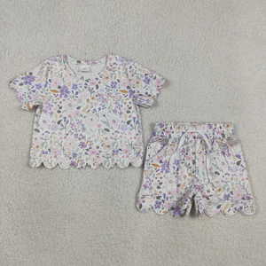 Factory Direct Sale Baby Girls Summer <b>Clothes</b> Outfits Scallop Pink Bows Flowers Short Sleeve Shorts Set - Product Image 2