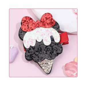 Vente en gros de pinces à cheveux pour petites filles, motifs dessin animé mignons, pailletés rose et rouge, motifs chat, cerise, crème glacée, pour fête - Product Image 4