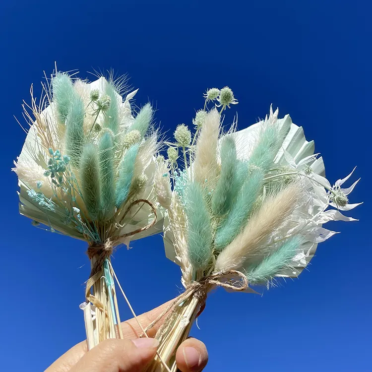 handmade blue palm wedding cake bouquet blue bunny tails grass dried flowers with ruscus for birthday cake wedding table