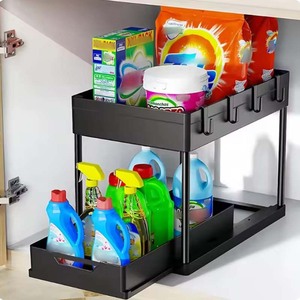 Organisateur sous évier à <span class=keywords><strong>2</strong></span> niveaux, panier coulissant pour armoire, étagère de rangement avec crochets, support suspendu pour tasses, organisateur de salle de bain et de cuisine - Product Image 1