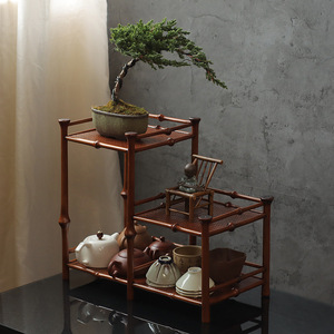 Estante para té de doble capa con superficie de bambú, estante de almacenamiento para utensilios de té, exhibición de mesa, origen Anji, color bambú Qiong - Product Image 1