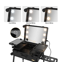 Valise à roulettes en aluminium noir, valise de beauté, valise à maquillage portable avec miroir LED pour salon de coiffure, artiste