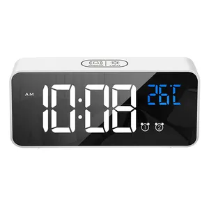 Relógio de parede com visor led, relógio para música clássico, branco e moderno, espelhado digital com led, despertador com temperatura para presente