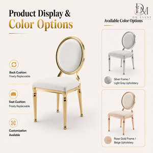 Chaise de banquet ovale personnalisée en acier inoxydable doré avec dossier médaillon et coussin blanc pour la location événementielle - Product Image 5