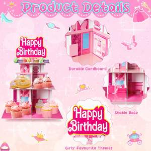 Supporto per torta in cartone rosa a 3 livelli da principessa assemblare per torre per Cupcake per espositori per feste di <span class=keywords><strong>buon</strong></span> <span class=keywords><strong>compleanno</strong></span> - Product Image 4