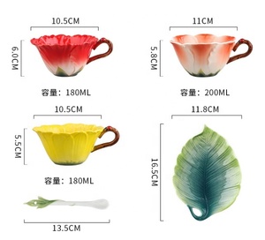 <span class=keywords><strong>Tasse</strong></span> à café en céramique de 6 oz et ensemble de soucoupe avec cuillère <span class=keywords><strong>tasse</strong></span> à café en feuille de fleur <span class=keywords><strong>tasse</strong></span> à thé avec poignée tasses à boire florales vintage - Product Image 2