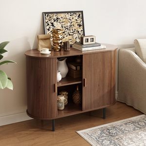 Buffet demi-circulaire SENYU de style nordique du milieu du siècle, couleur noyer, avec grain vertical, double porte, meuble de rangement vintage pour entrée - Product Image 6