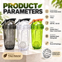 Bouteille shaker de fitness Tritan sans BPA de 600 ml en gros avec logo personnalisé, couvercle anti-fuite et boule mélangeuse pour la gym et les boissons protéinées