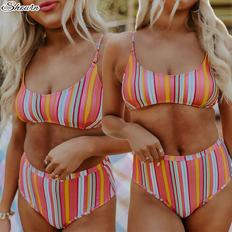 Summer Beach Swim Suit 2023 Women Fashion Stripe High Waist Bikini Swimwear