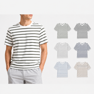 T-shirt rayé à manches courtes pour homme, col rond, coupe classique, décontracté, en coton tricoté respirant - Product Image 1