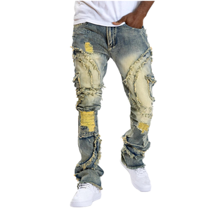 Vaqueros de mezclilla para hombre, de invierno y otoño, con efecto desgastado, costuras deshilachadas, rasgados, de corte recto, con bolsillos tipo cargo, transpirables y de secado rápido. - Product Image 5