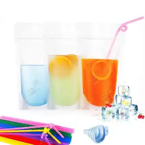 Heavy Duty Hand-Held Translucent Reusable Juice Drink Pouches with Straws