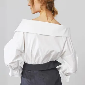 Camisa assimétrica feminina lisa, camisa branca vintage para mulheres com botão sem alça liso outono 2021