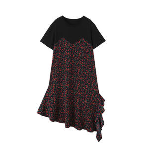 เดรส Runqi N8743 ไซส์พลัส ลายดอกไม้แบบปะติดปะต่อ ทรงเอ ไหล่เฉียง คอเสื้อแบบกลม แขนสั้น เอวต่ำ ทรงไม่สมมาตรสำหรับผู้หญิง - Product Image 1