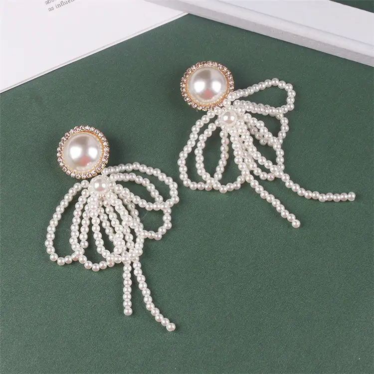 jhumka earrings bridal hand set diamond large pearl bow earrings temperament dangle wedding earrings