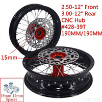 Jantes de moto supermotard 12 pouces en alliage d'aluminium CNC avec moyeu et rayons, roues 2.50-12" et 3.00-12"
