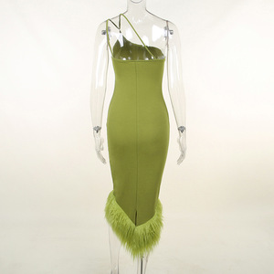 Vestido moda noite feminino, venda quente estilos de penas verdes vestido midi - Product Image 3