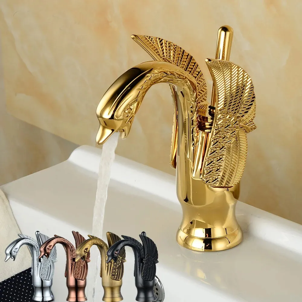 Robinets de lavabo nouveau Design cygne robinet de lavabo plaqué or hôtel luxe cuivre or robinets mélangeurs robinets chauds et froids